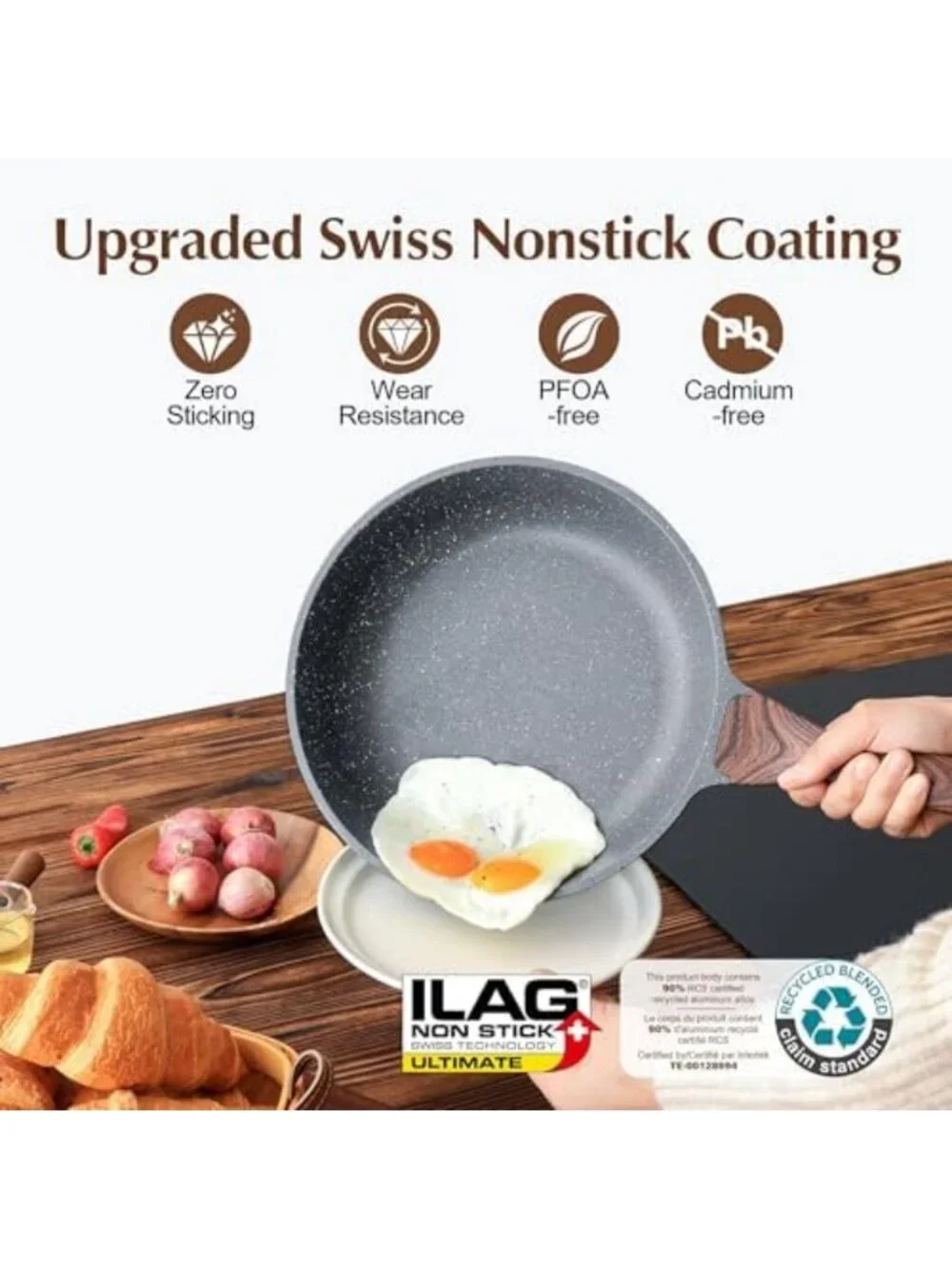 Nonstick Frying Pan Skillet, Swiss Granite Coating, Healthy Stone Cookware, 9.5